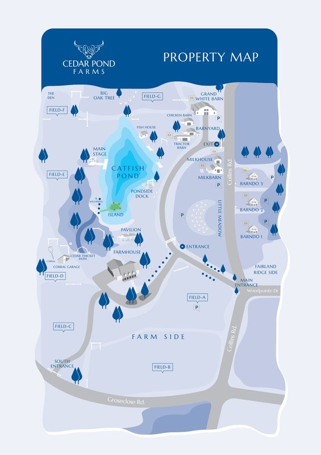 Illustrated Cedar Pond Farms property map in the farm's blue palette — the Catfish Pond at the center, the Grand White Barn and animal barns along Collins Road, and the three Barndominiums on the Fairland Ridge side
