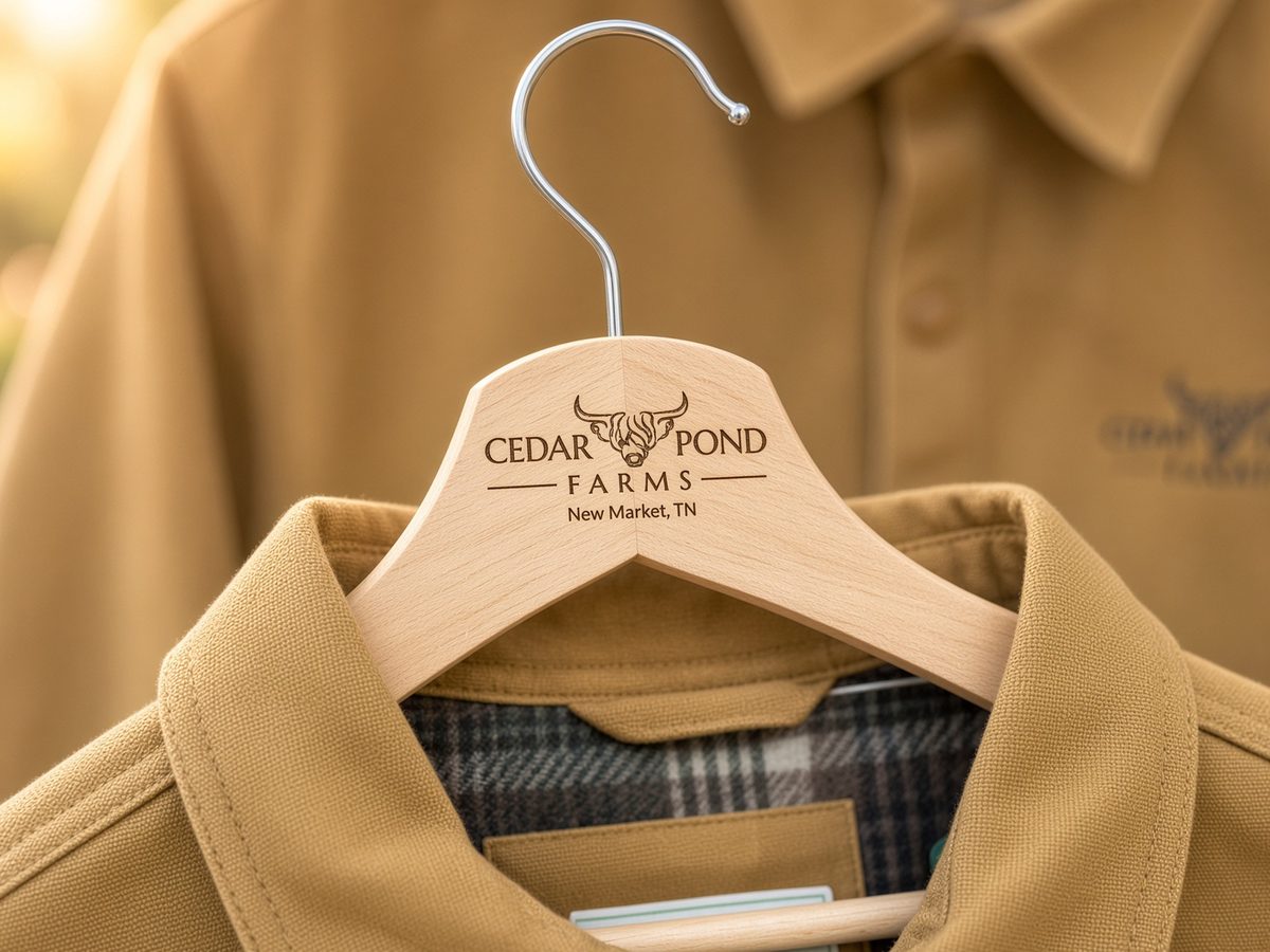 A tan John Deere lightweight jacket with a plaid lining on an engraved Cedar Pond Farms wood hanger