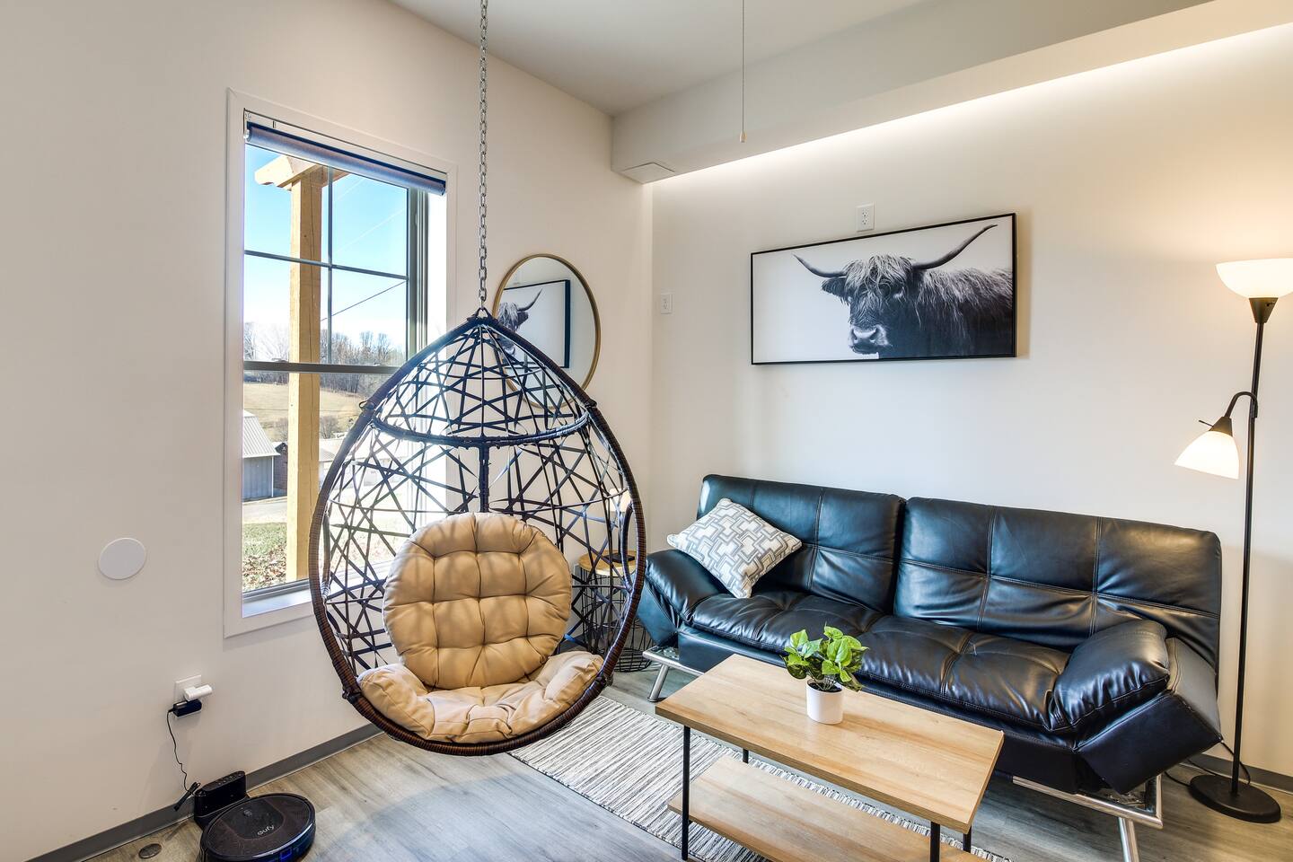 Inside Barndo 2AS, a one-bedroom barndominium suite at Cedar Pond Farms — our fluffy Highland cow farm just outside the Smoky Mountains.