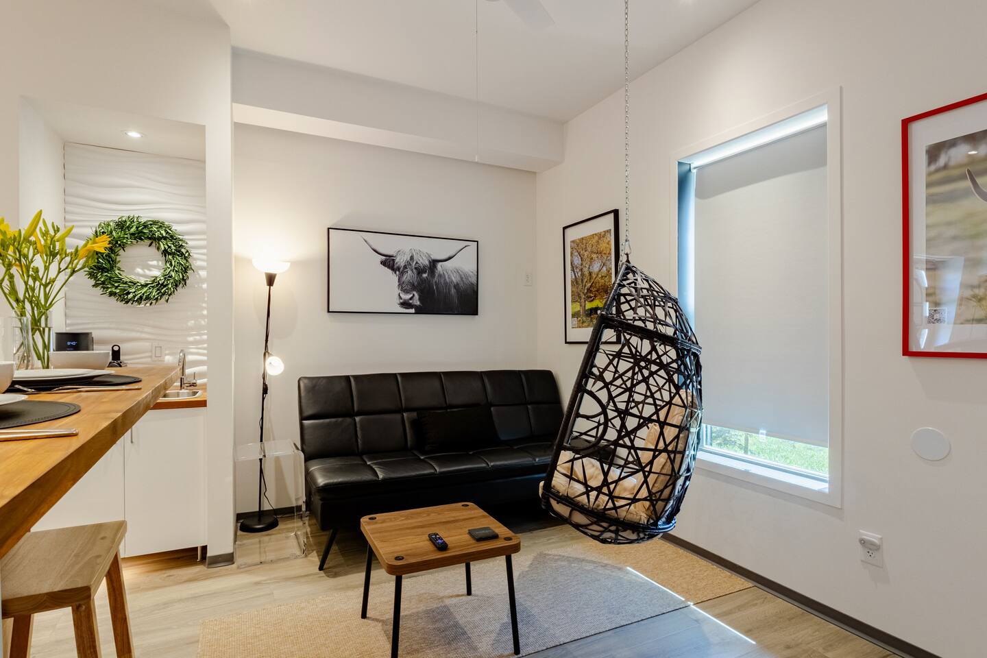 Barndo 3A · South one-bedroom at Cedar Pond Farms in Jefferson City — a one-bedroom barndominium suite on a working farm with Scottish Highland cattle.