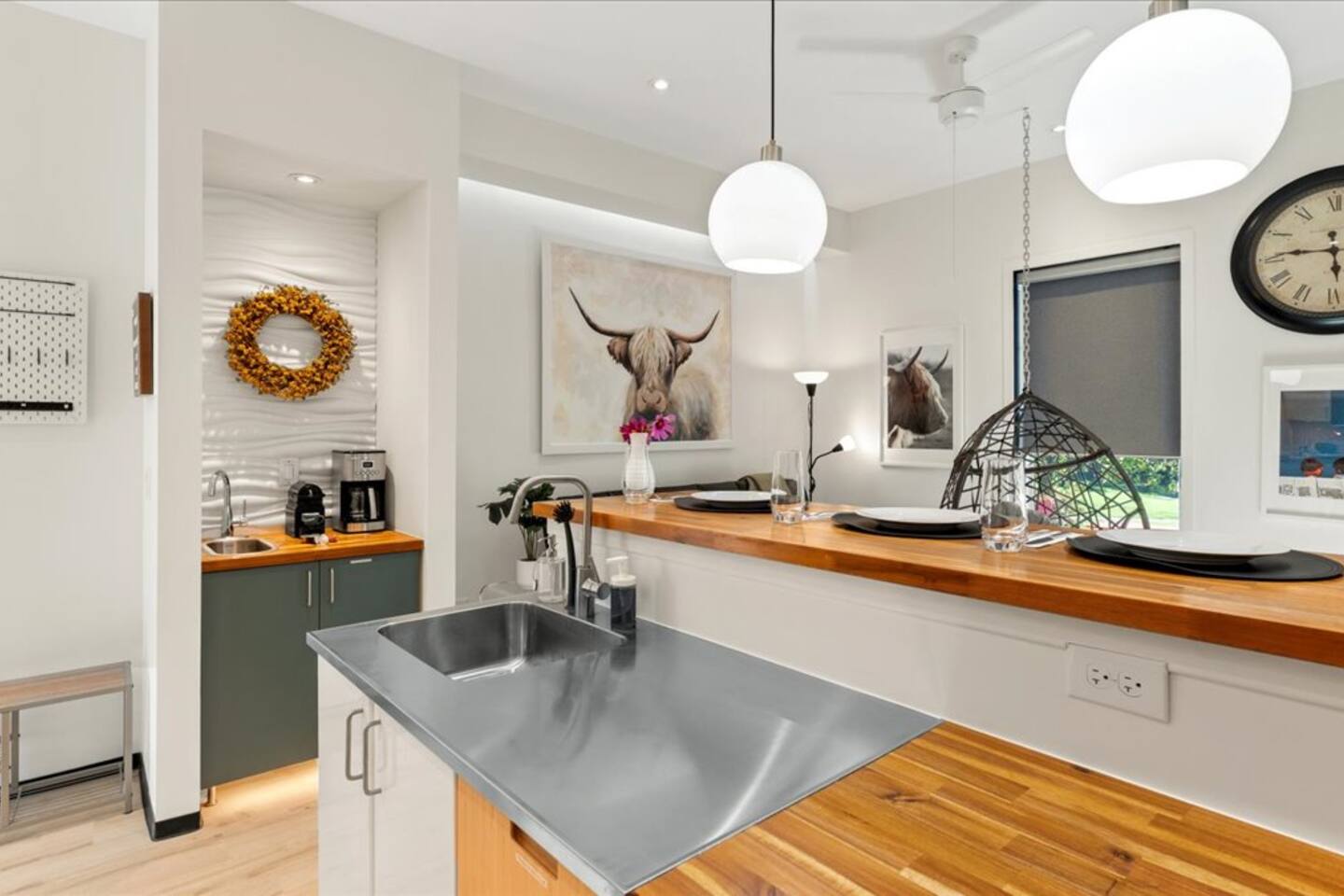 Inside Barndo 1 · Entire Building, a whole-barndominium rental at Cedar Pond Farms — our fluffy Highland cow farm just outside the Smoky Mountains.